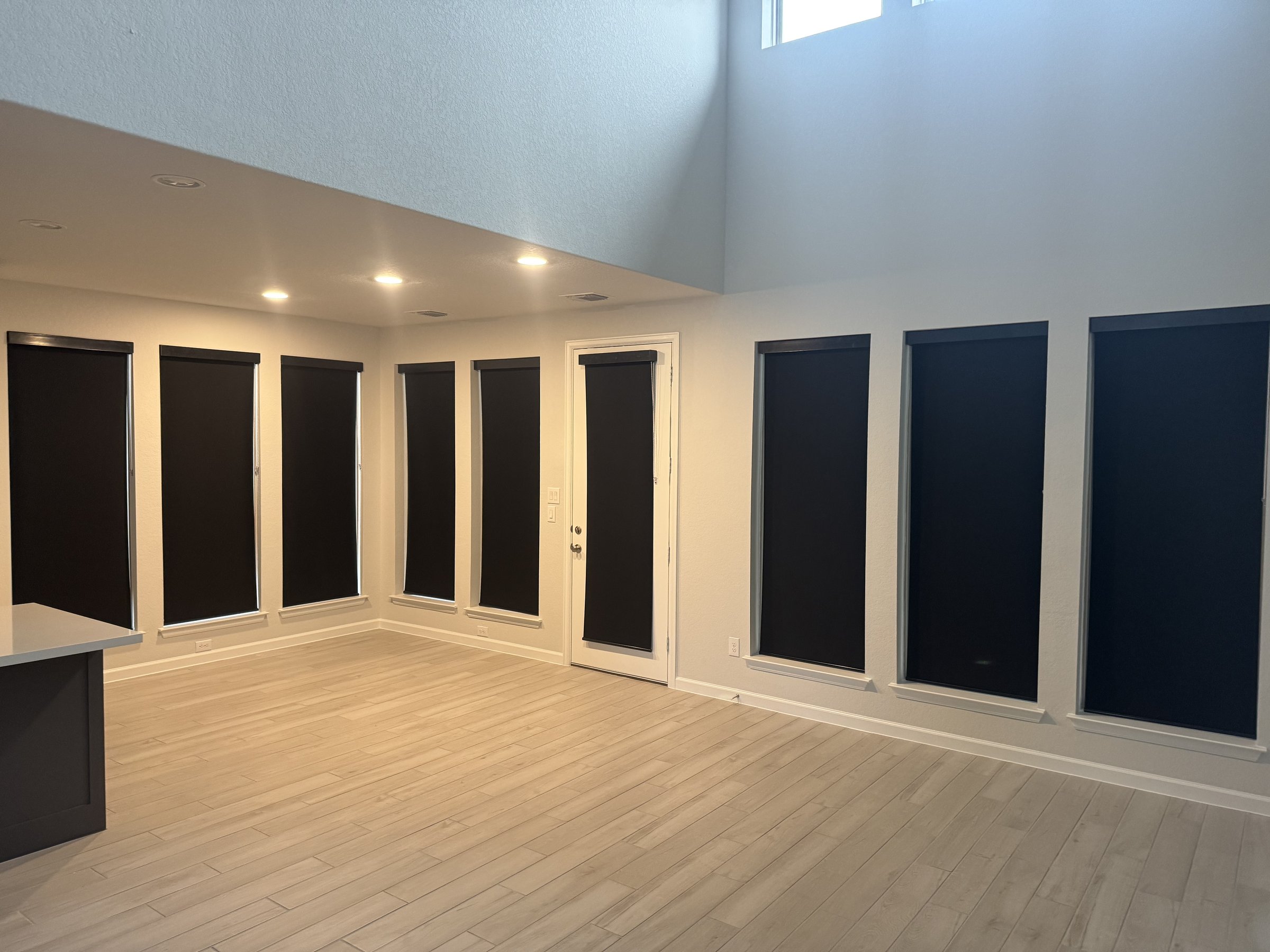 Black blackout shades in a living room