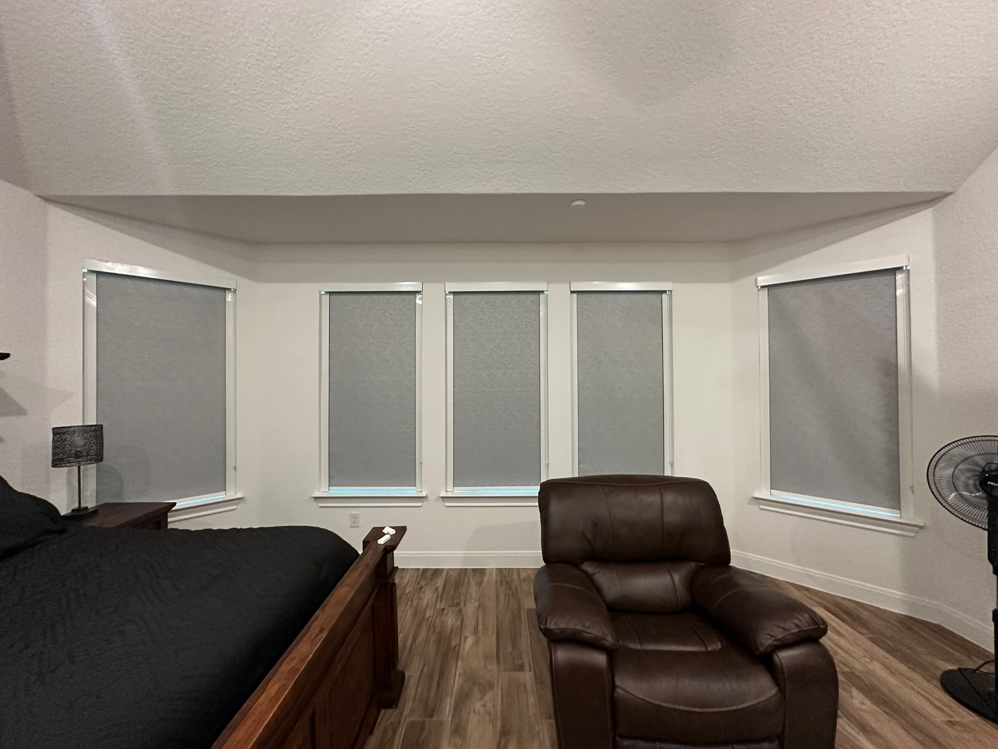 Gray sunscreen roller shade in a bedroom