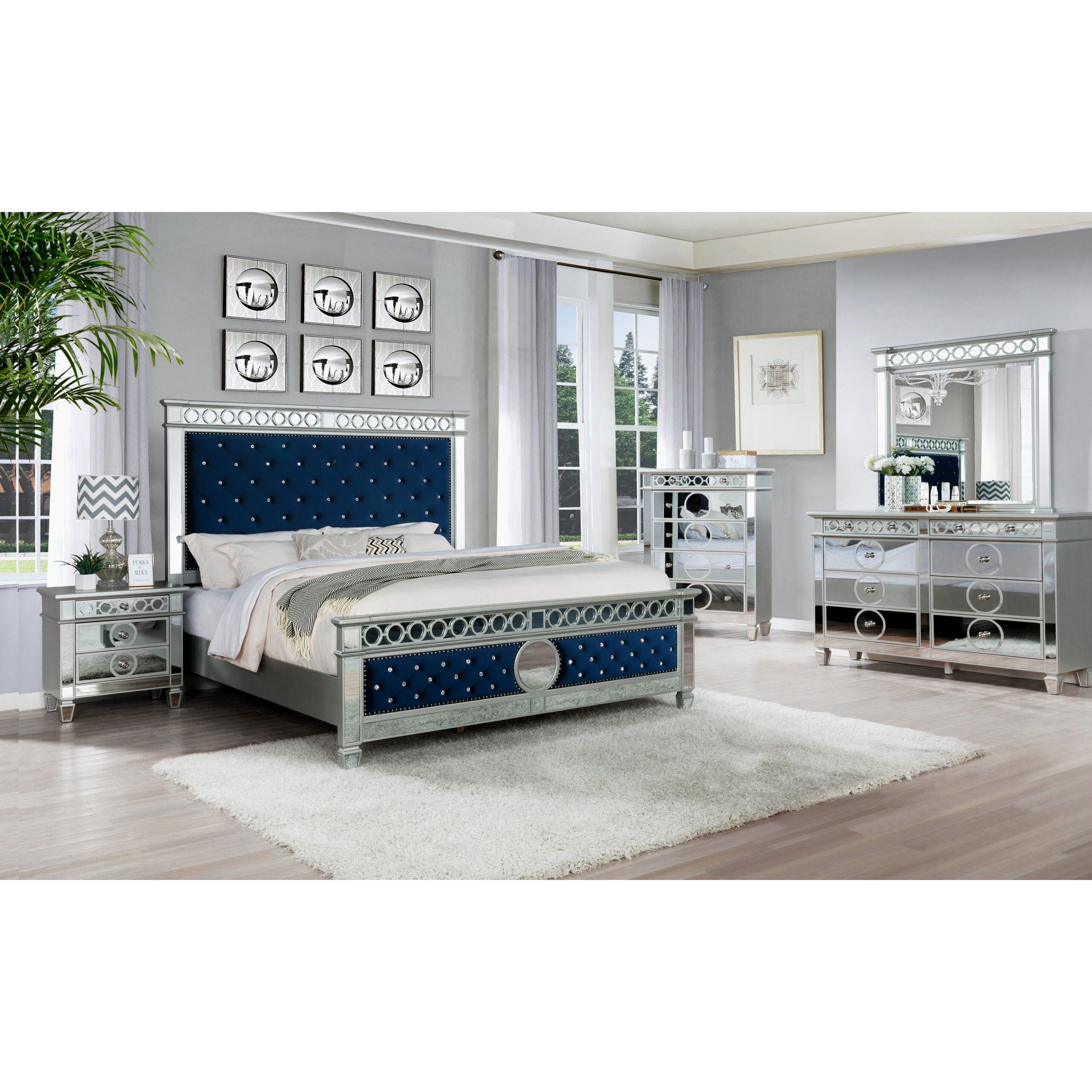Blue mirrored glam New Era bedroom