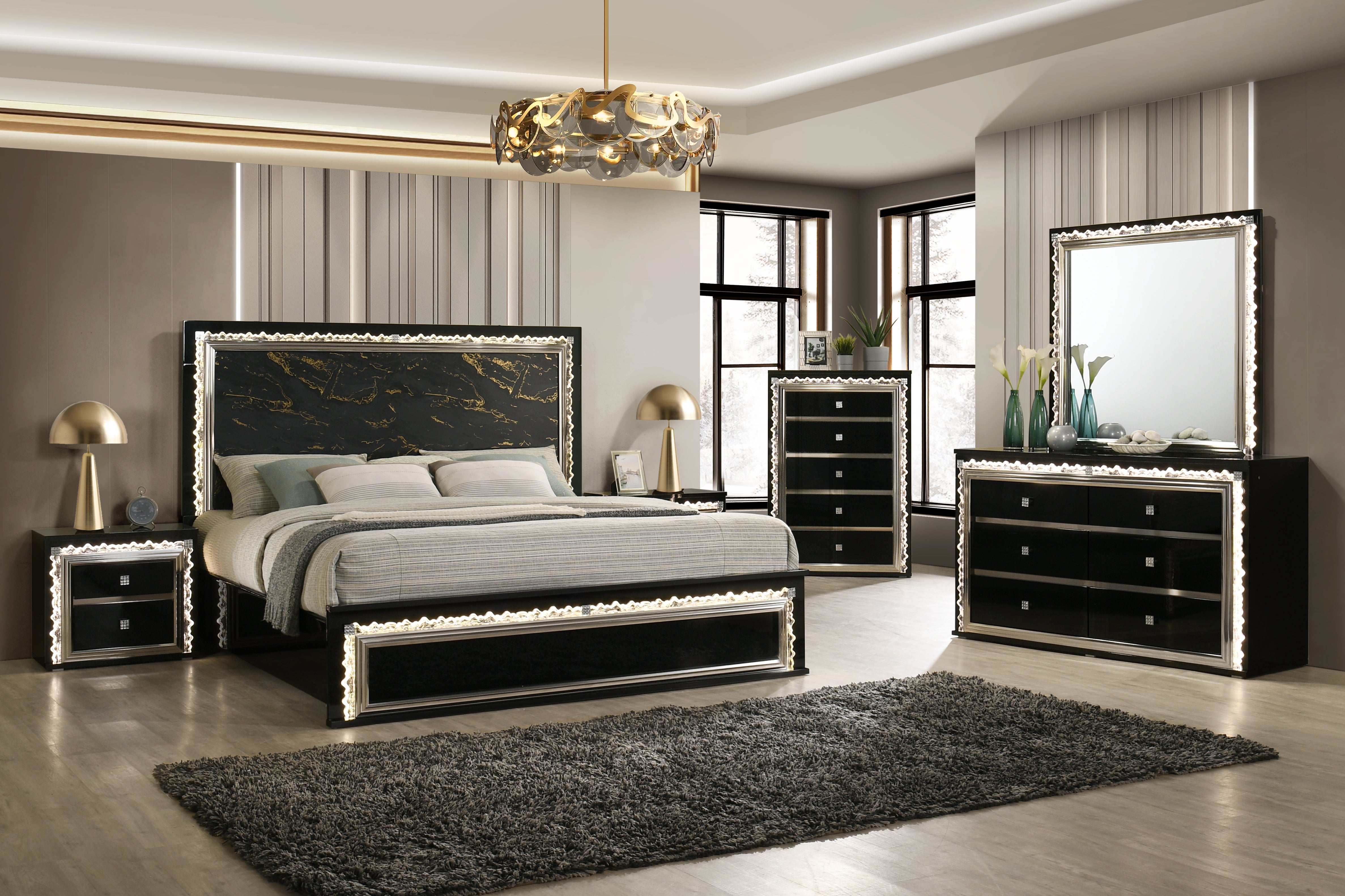 Black New Era bedroom with marble and gold accents