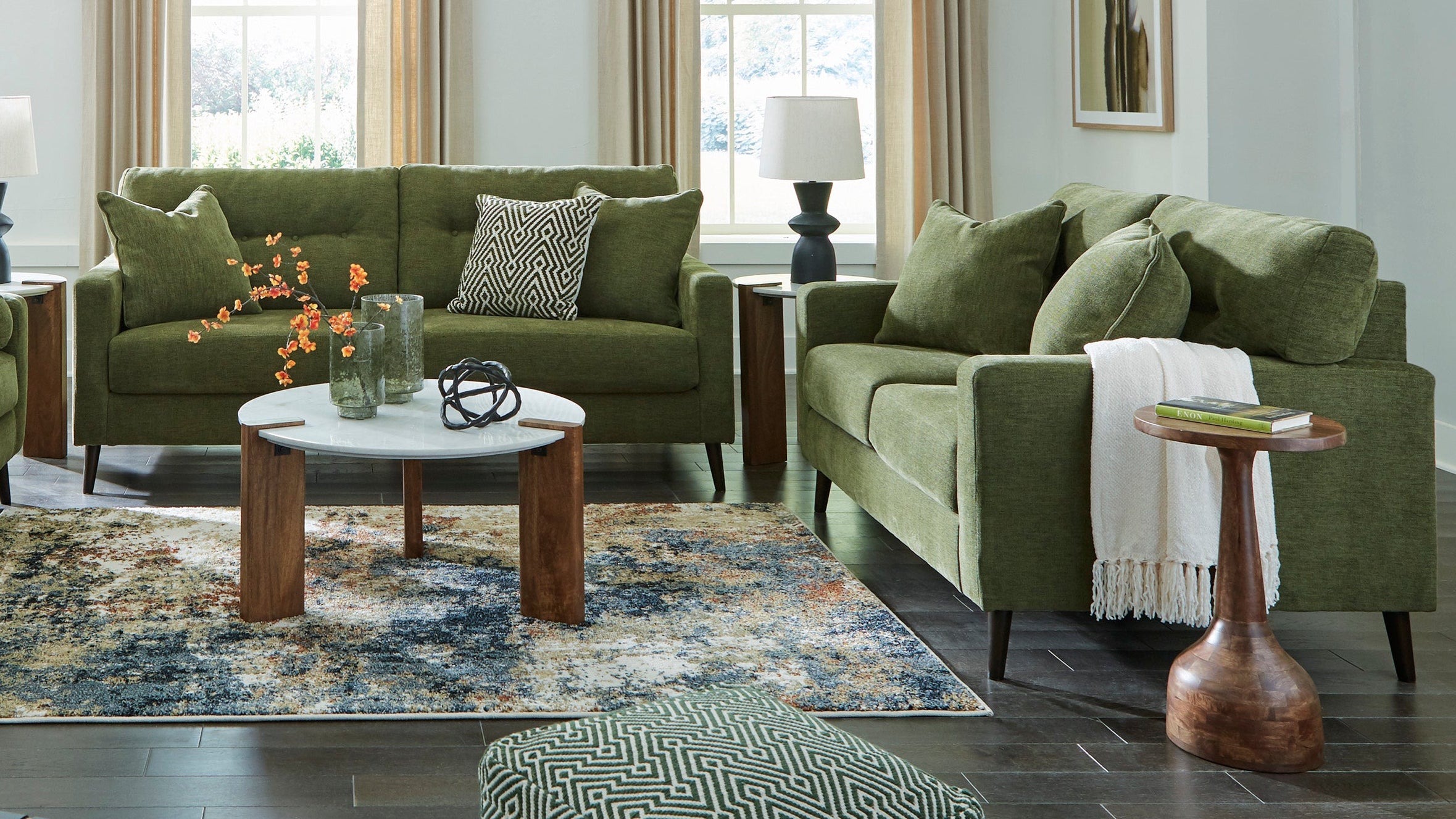 Midcentury-style New Era living room, olive green