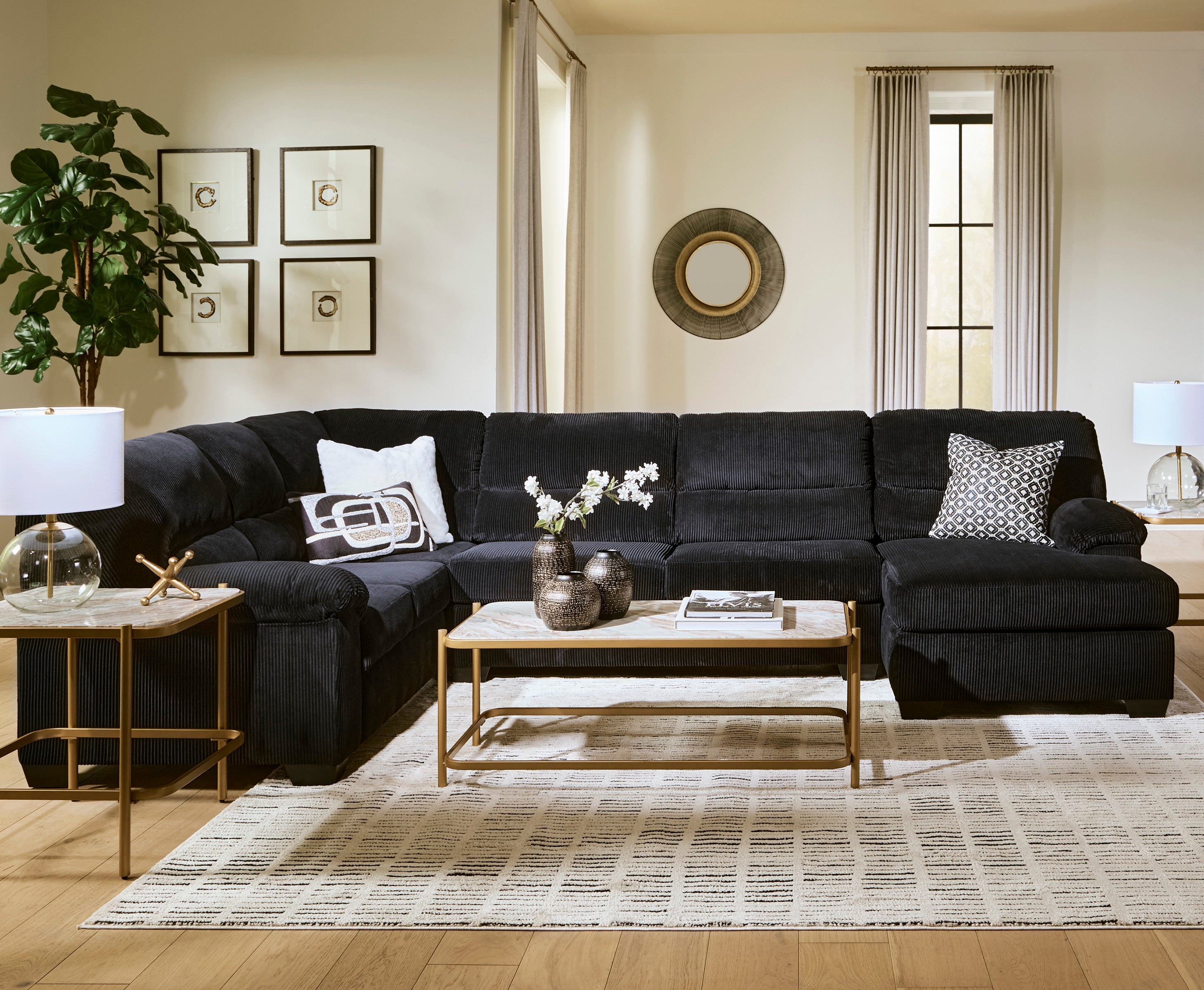 Glam-style New Era living room, black corduroy