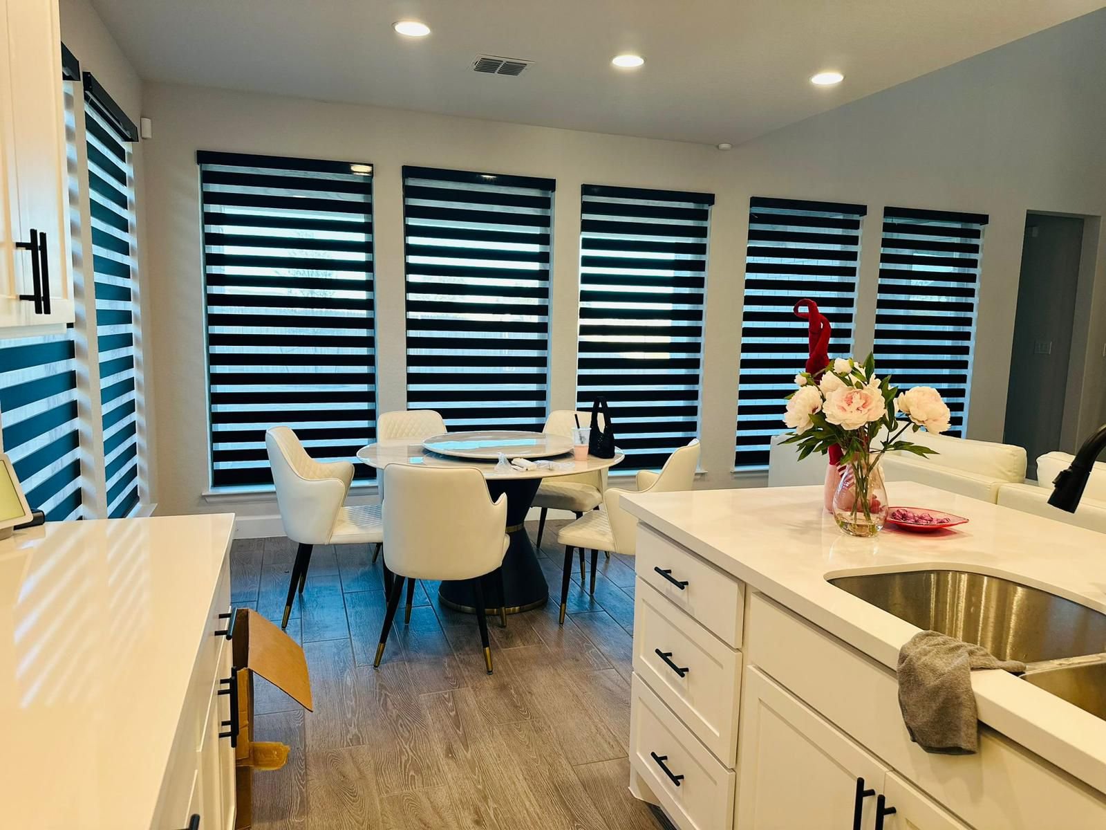 Navy zebra shade in a dining room