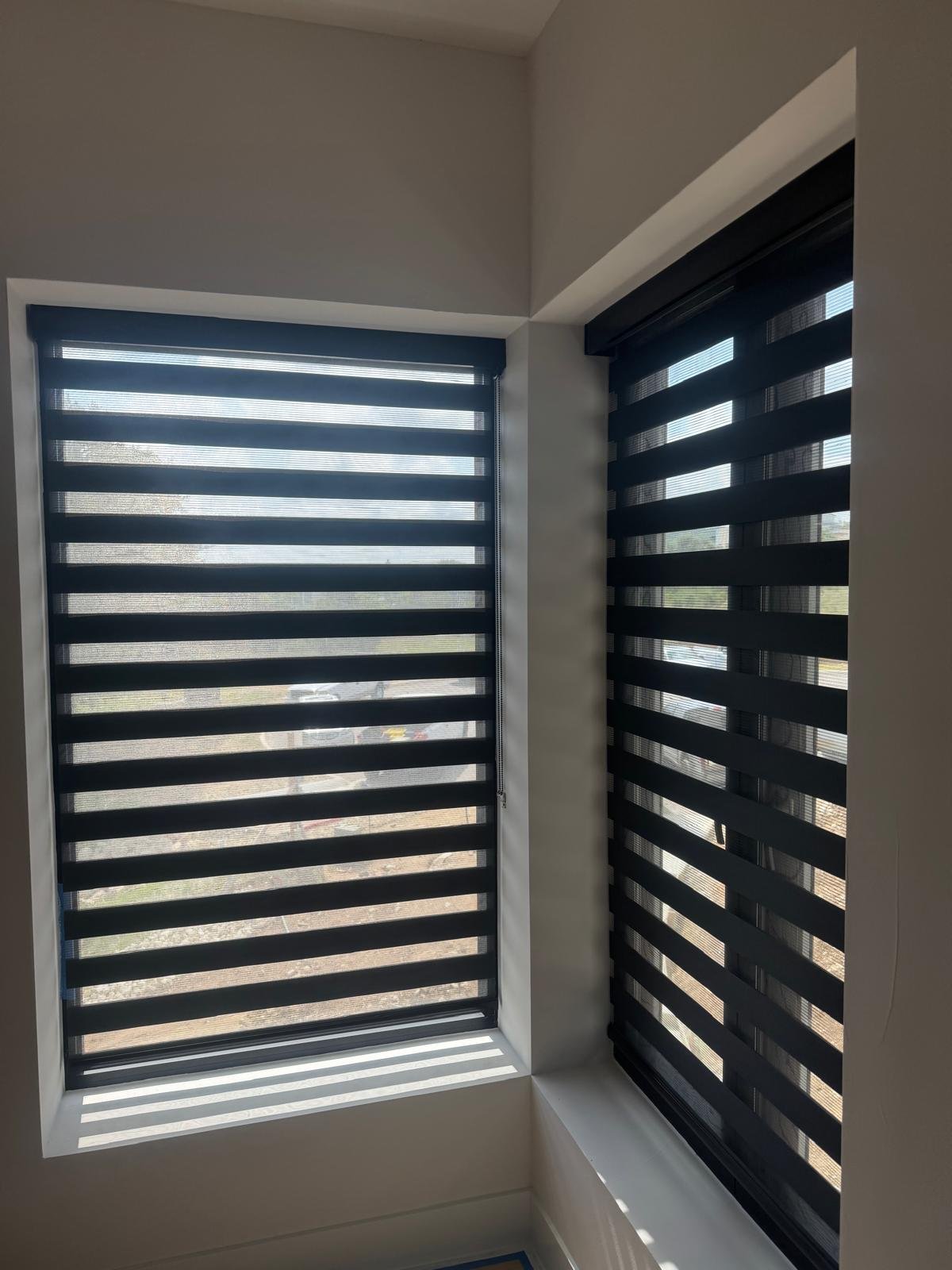 Navy zebra shade in a bedroom, two windows