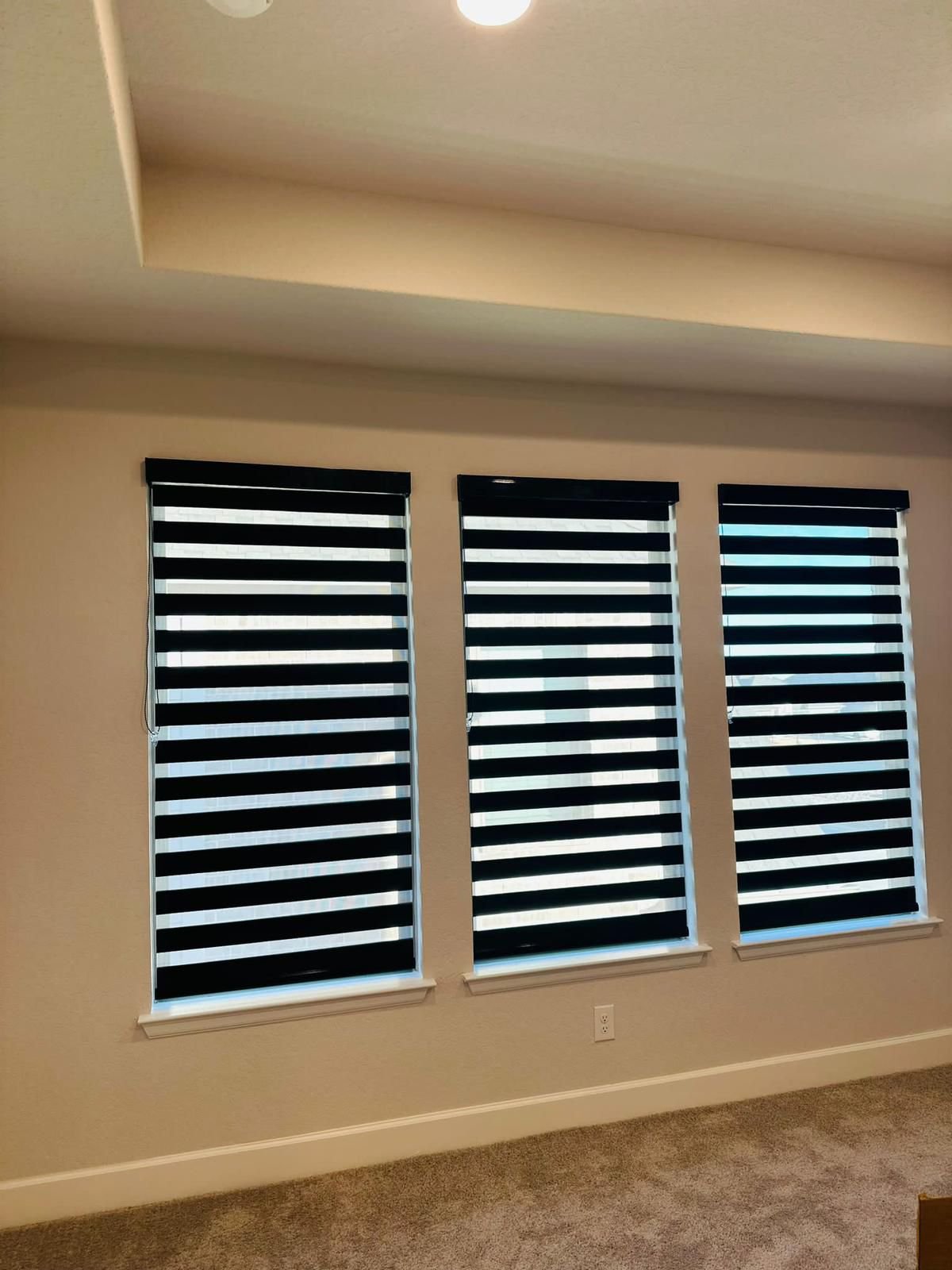 Navy zebra shade in a bedroom