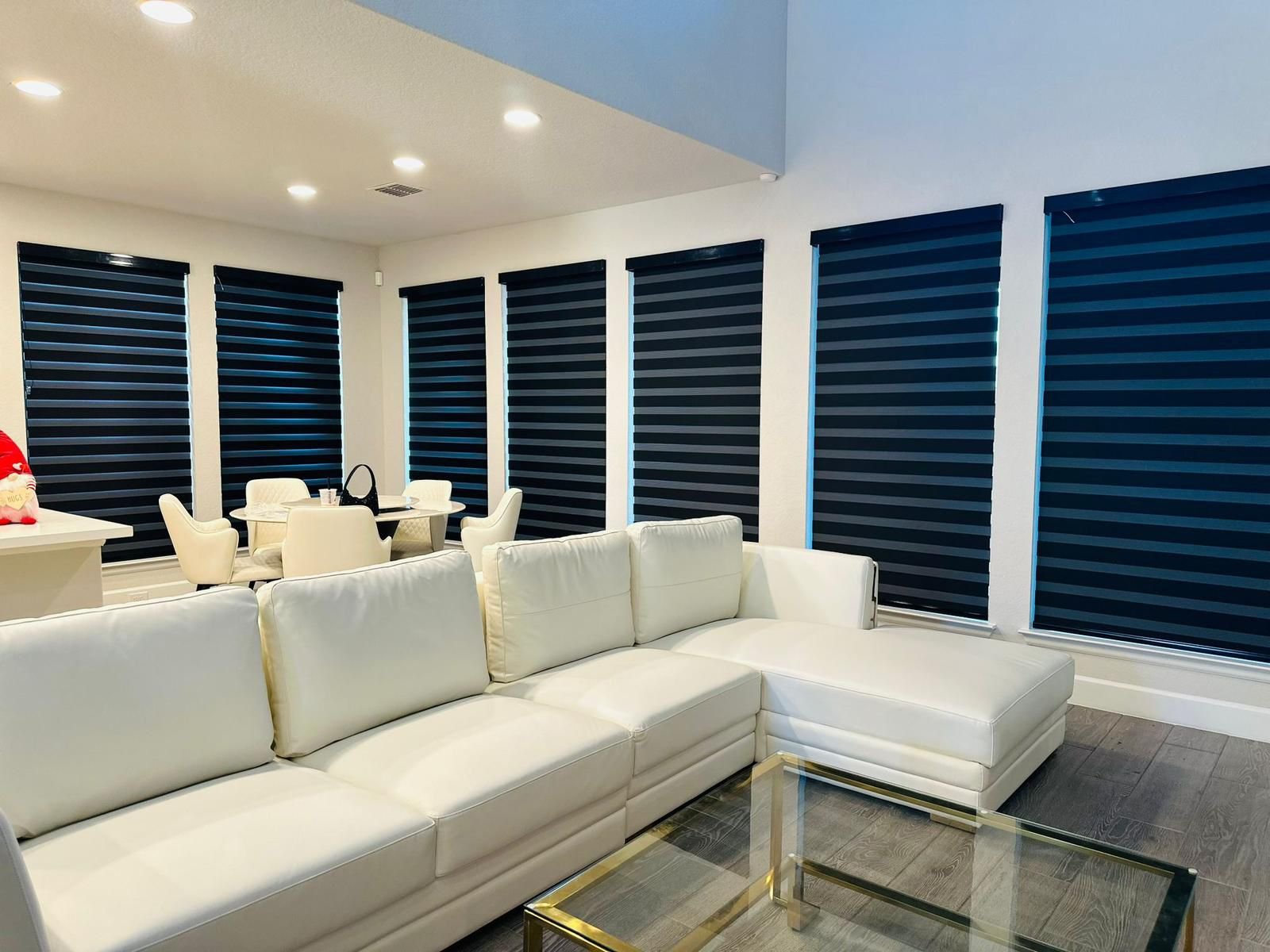 Navy zebra shade in an open living/dining room